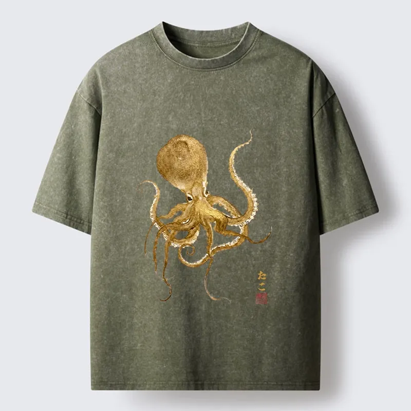 Tokyo-Tiger Japanese Style Octopus Painting Washed T-Shirt