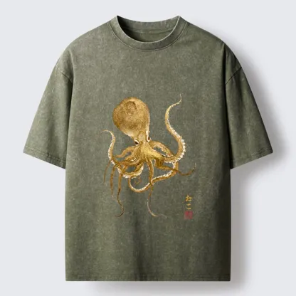 Tokyo-Tiger Japanese Style Octopus Painting Washed T-Shirt