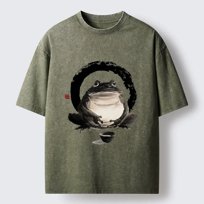 Tokyo-Tiger Zen Frog With A Tea Bowl Washed T-Shirt