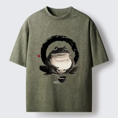 Tokyo-Tiger Zen Frog With A Tea Bowl Washed T-Shirt
