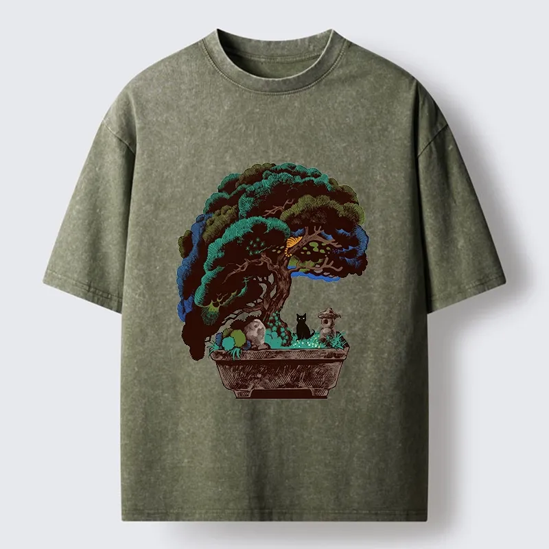 Tokyo-Tiger Black Cat Hiding In A Bonsai Pot Washed T-Shirt