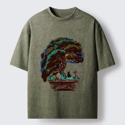 Tokyo-Tiger Black Cat Hiding In A Bonsai Pot Washed T-Shirt