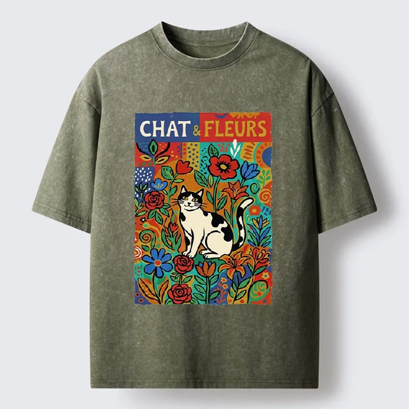 Tokyo-Tiger Colorful Cat And Floral Art Washed T-Shirt