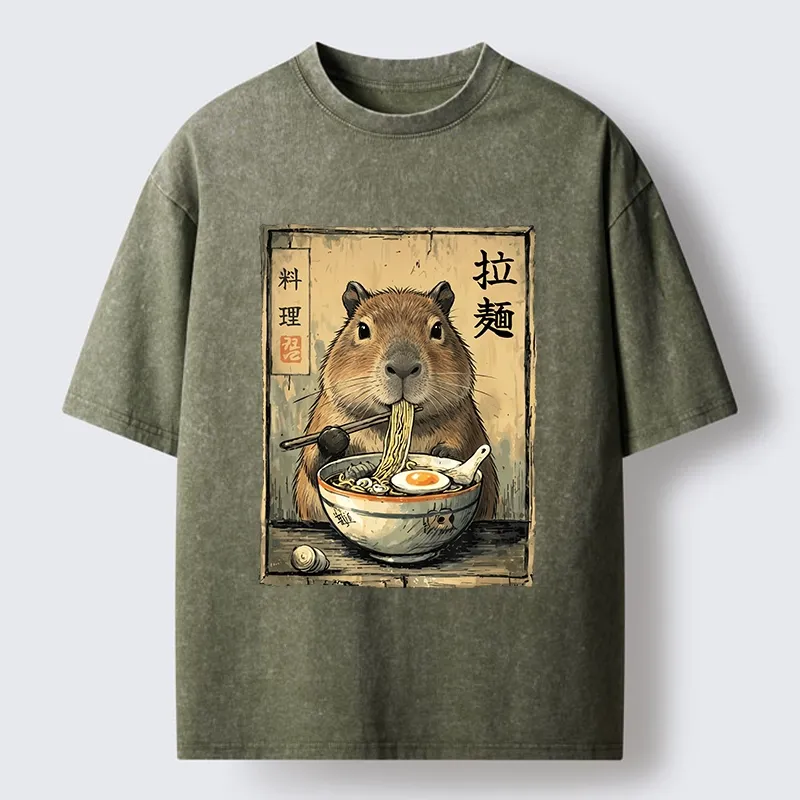 Tokyo-Tiger Capybara Enjoying A Bowl Of Ramen Washed T-Shirt