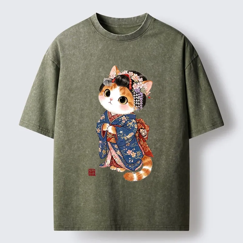 Tokyo-Tiger Cat Dressed As A Geisha Funny Washed T-Shirt