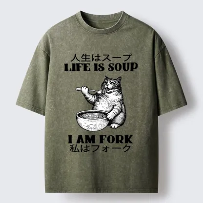 Tokyo-Tiger Cat Eating Soup With A Fork Washed T-Shirt