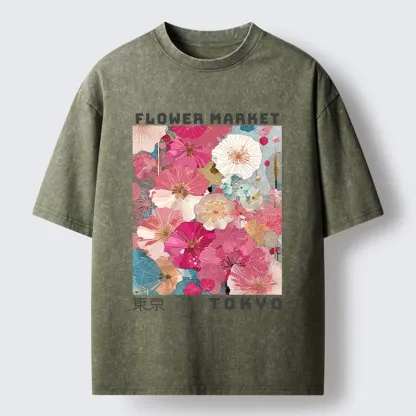 Tokyo-Tiger Market Colorful Floral Art Washed T-Shirt