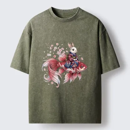 Tokyo-Tiger Japanese Style Rabbit And Koi Fish Washed T-Shirt