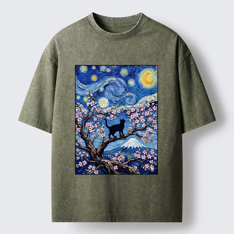 Tokyo-Tiger Van Gogh Style Cat With Mount Fuji Washed T-Shirt