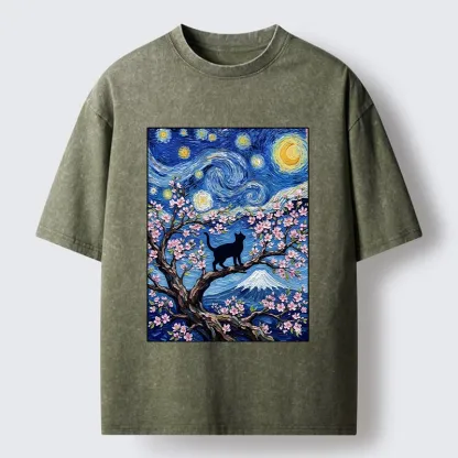 Tokyo-Tiger Van Gogh Style Cat With Mount Fuji Washed T-Shirt