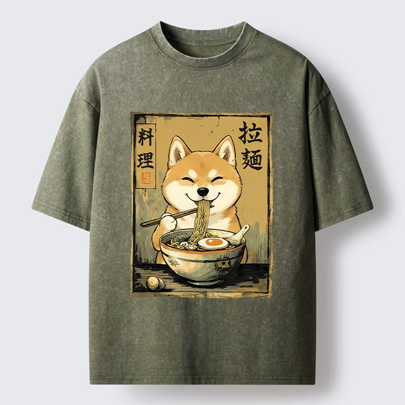 Tokyo-Tiger Happy Shiba Eating Ramen Washed T-Shirt