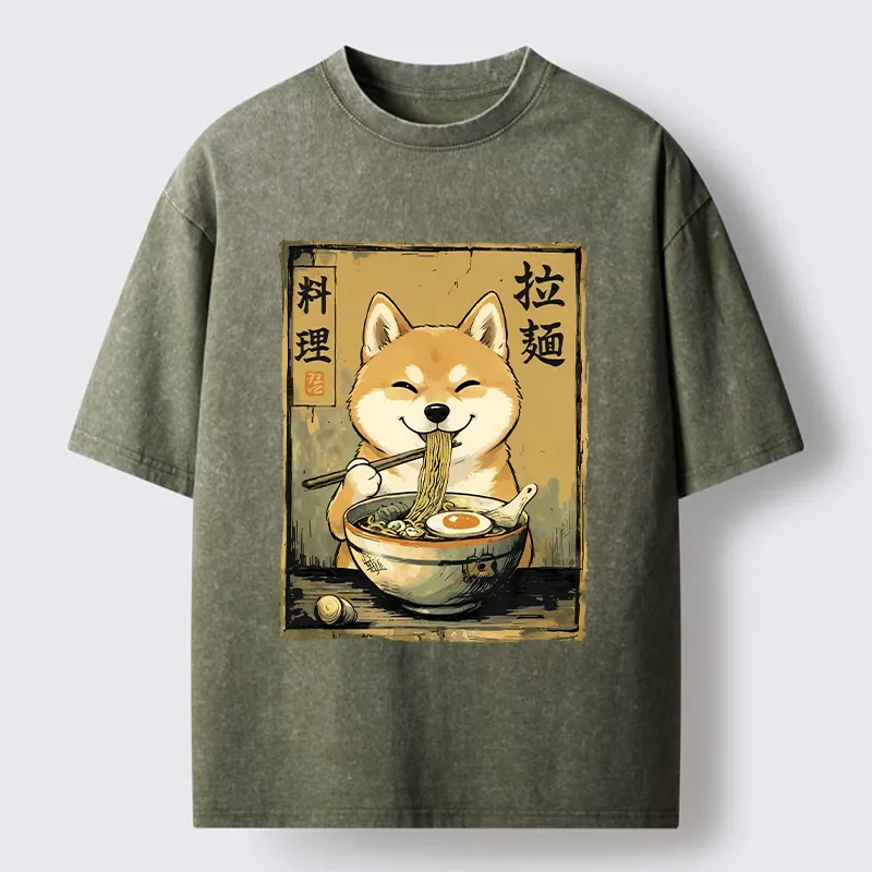 Tokyo-Tiger Happy Shiba Eating Ramen Washed T-Shirt