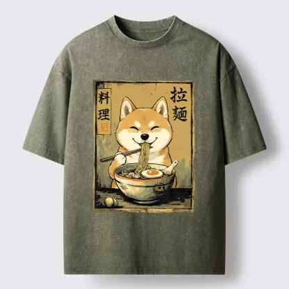 Tokyo-Tiger Happy Shiba Eating Ramen Washed T-Shirt