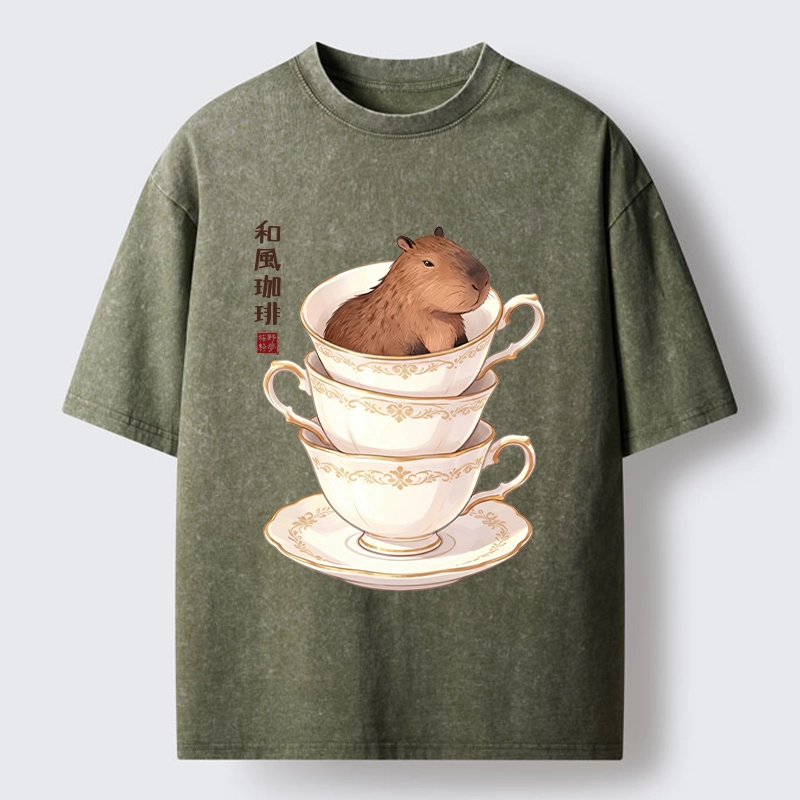 Tokyo-Tiger Japanese Coffee Capybara In A Teacup Washed T-Shirt