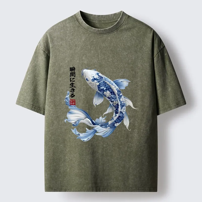 Tokyo-Tiger Blue And White Koi Fish Japanese Art Print Washed T-Shirt