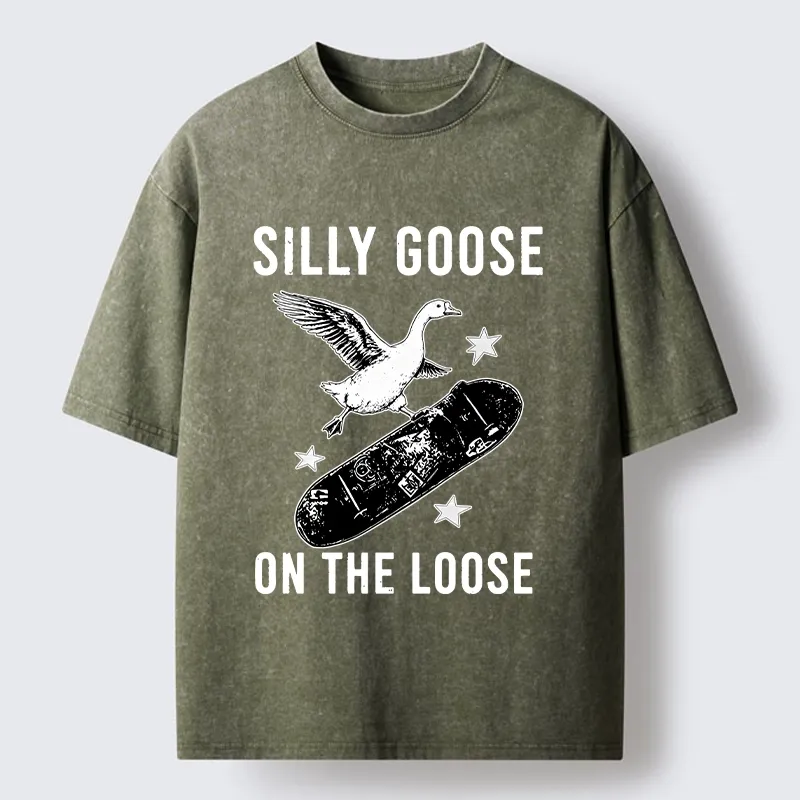 Tokyo-Tiger Cool Goose On Skateboard Washed T-Shirt