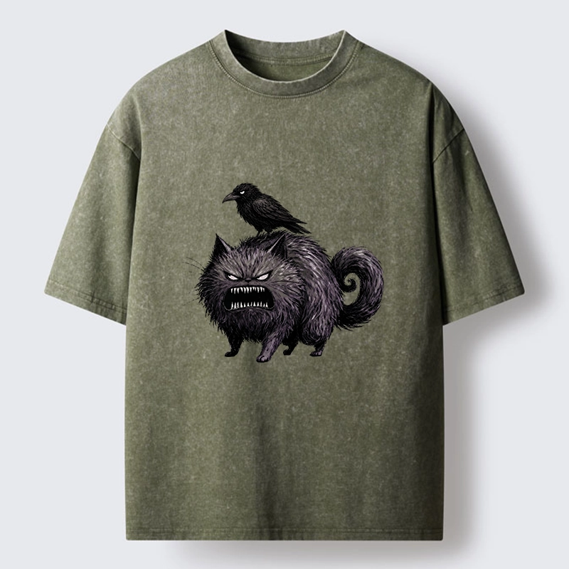 Tokyo-Tiger Angry Black Cat With Crow On Its Back Washed T-Shirt