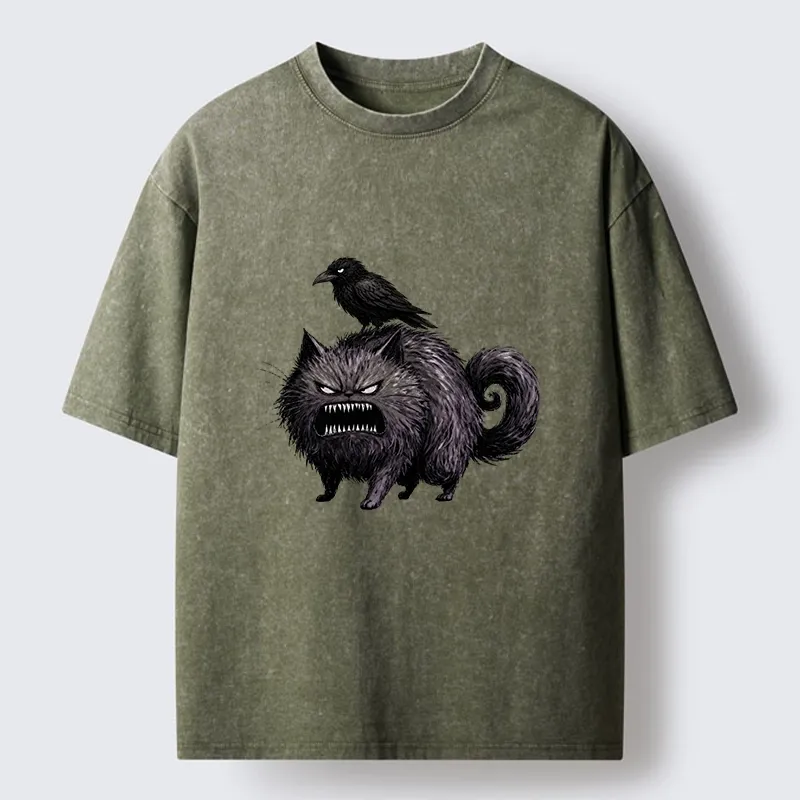 Tokyo-Tiger Angry Black Cat With Crow On Its Back Washed T-Shirt