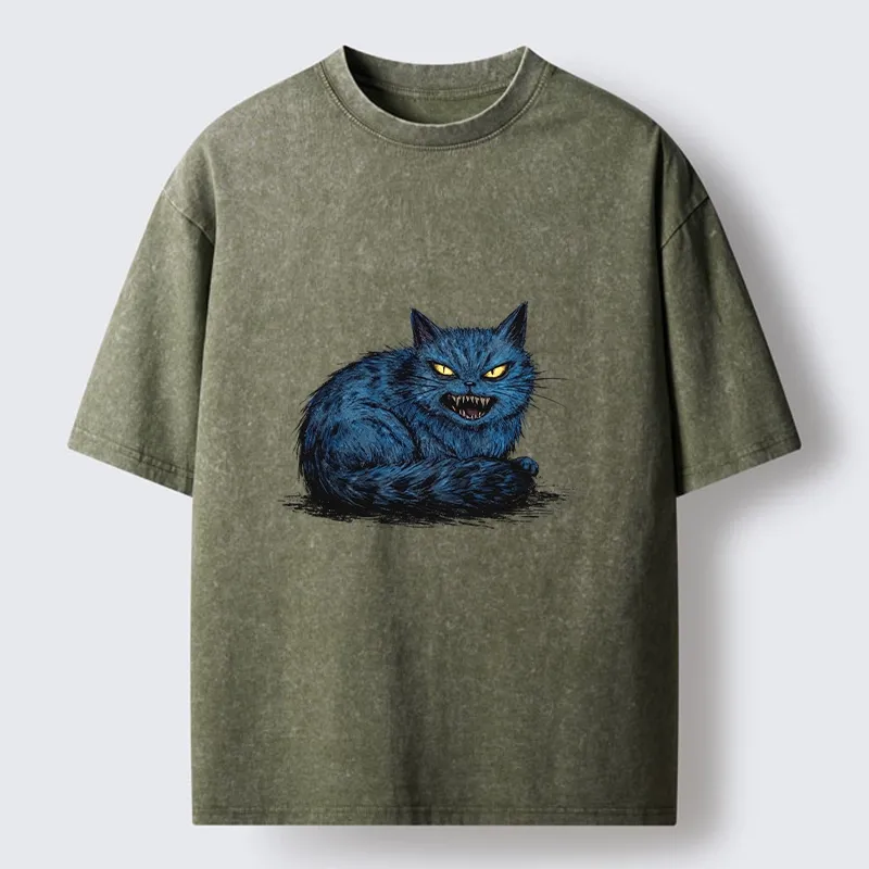 Tokyo-Tiger Fierce Blue Cat With Sharp Teeth Art Washed T-Shirt