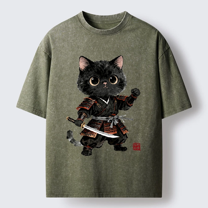 Tokyo-Tiger Samurai Black Cat With Katana Cute Art Washed T-Shirt