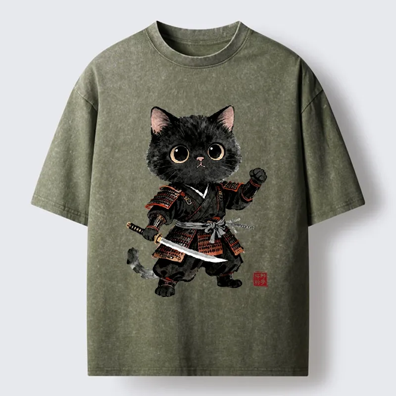 Tokyo-Tiger Samurai Black Cat With Katana Cute Art Washed T-Shirt