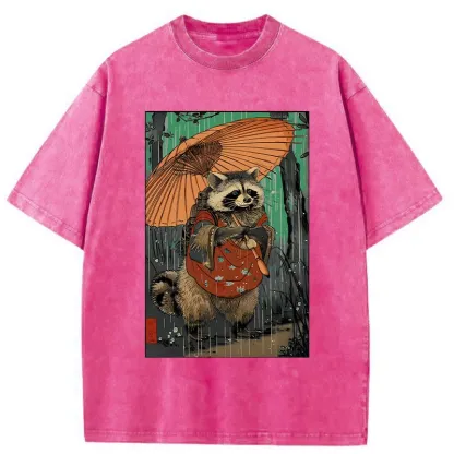 Tokyo-Tiger Cute Raccoon Japanese Washed T-Shirt