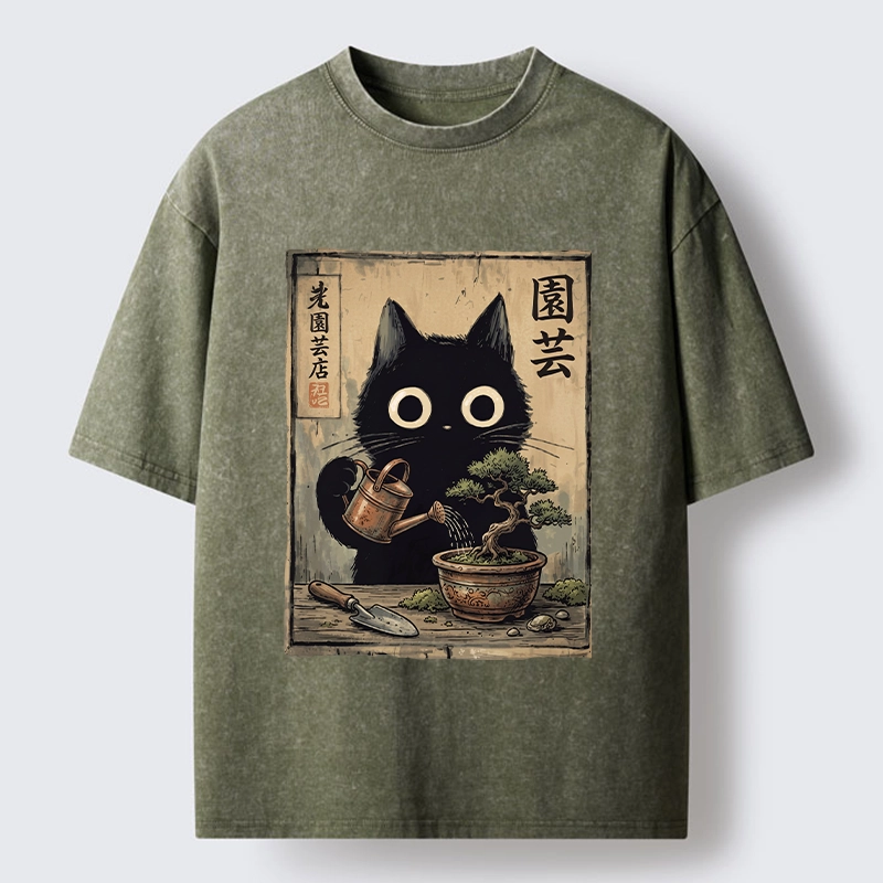 Tokyo-Tiger Black Cat Watering Bonsai Tree Washed T-Shirt