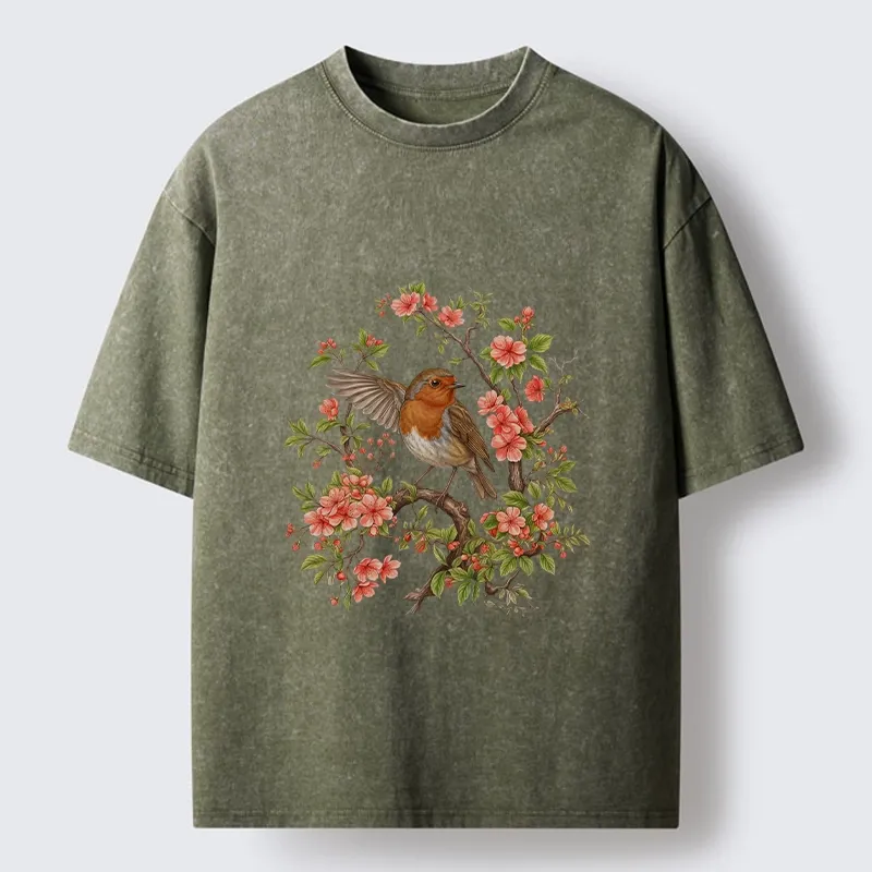 Tokyo-Tiger Beautiful Robin And Spring Flowers Washed T-Shirt
