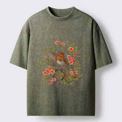 Tokyo-Tiger Beautiful Robin And Spring Flowers Washed T-Shirt