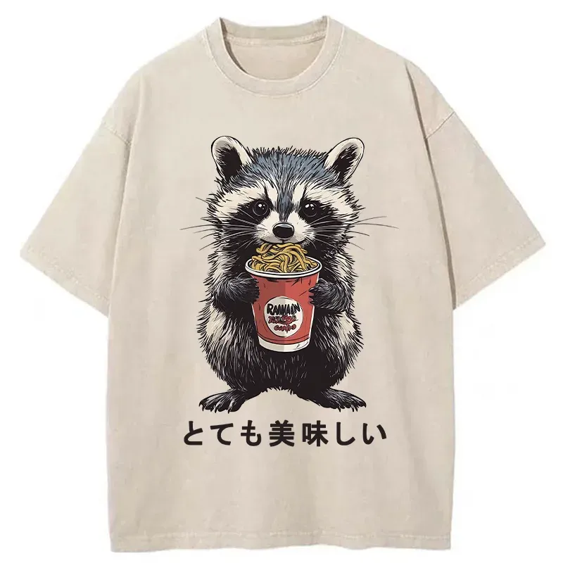Tokyo-Tiger Cute Raccoon Eating Ramen Washed T-Shirt