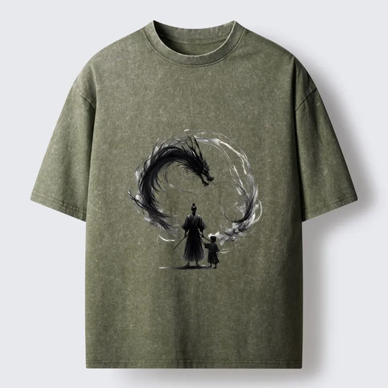 Tokyo-Tiger Samurai And Dragon Fatherhood Washed T-Shirt