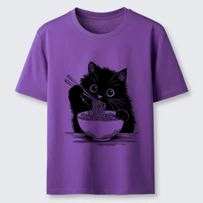 Tokyo-Tiger Black Cat Eating Ramen Funny Line Art Classic T-Shirt