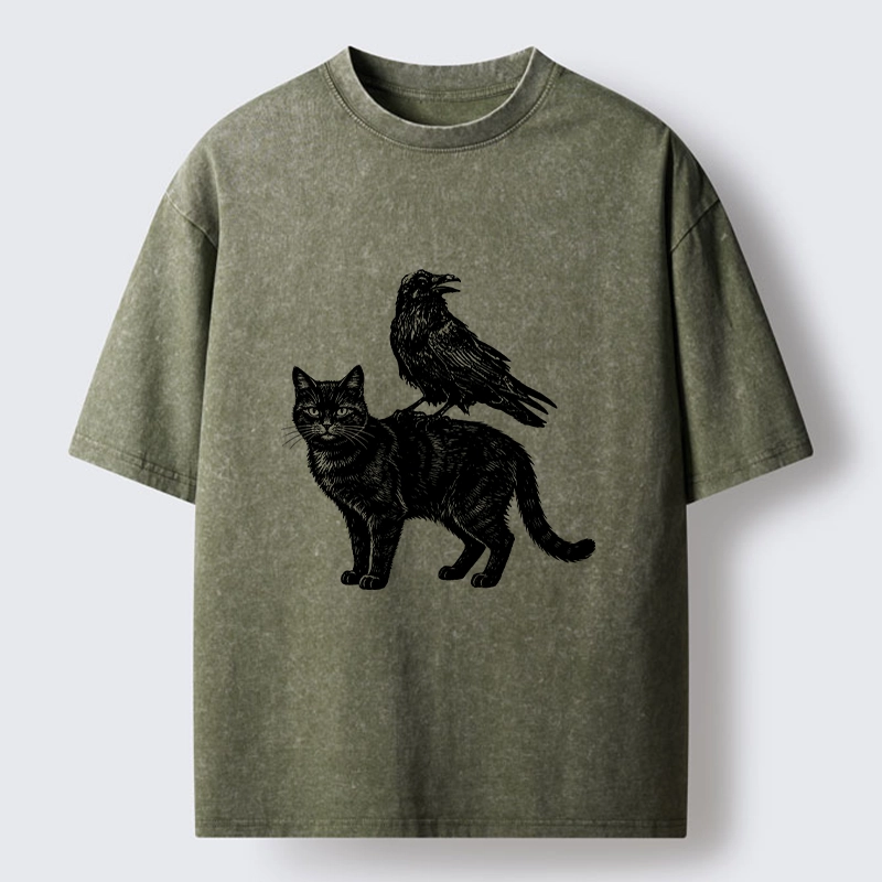 Tokyo-Tiger Funny Meme About Spooky Cat And Crow Washed T-Shirt