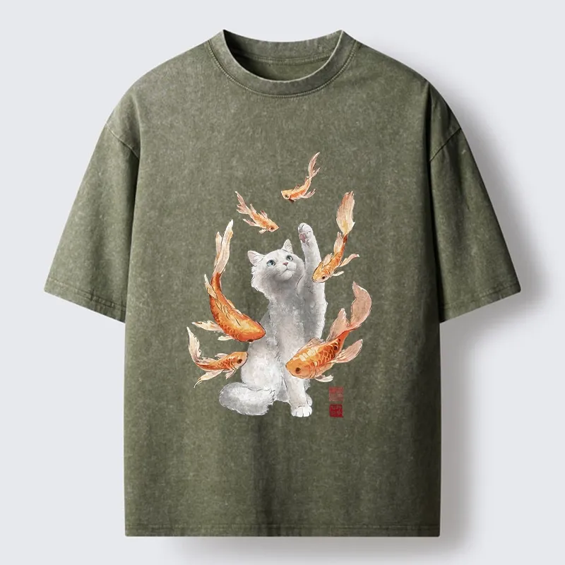 Tokyo-Tiger Fluffy Cat Chasing Koi Fish Dreams Washed T-Shirt