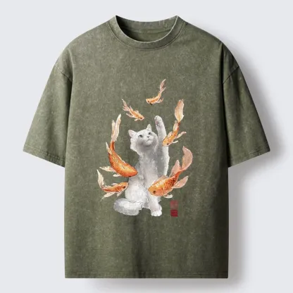 Tokyo-Tiger Fluffy Cat Chasing Koi Fish Dreams Washed T-Shirt