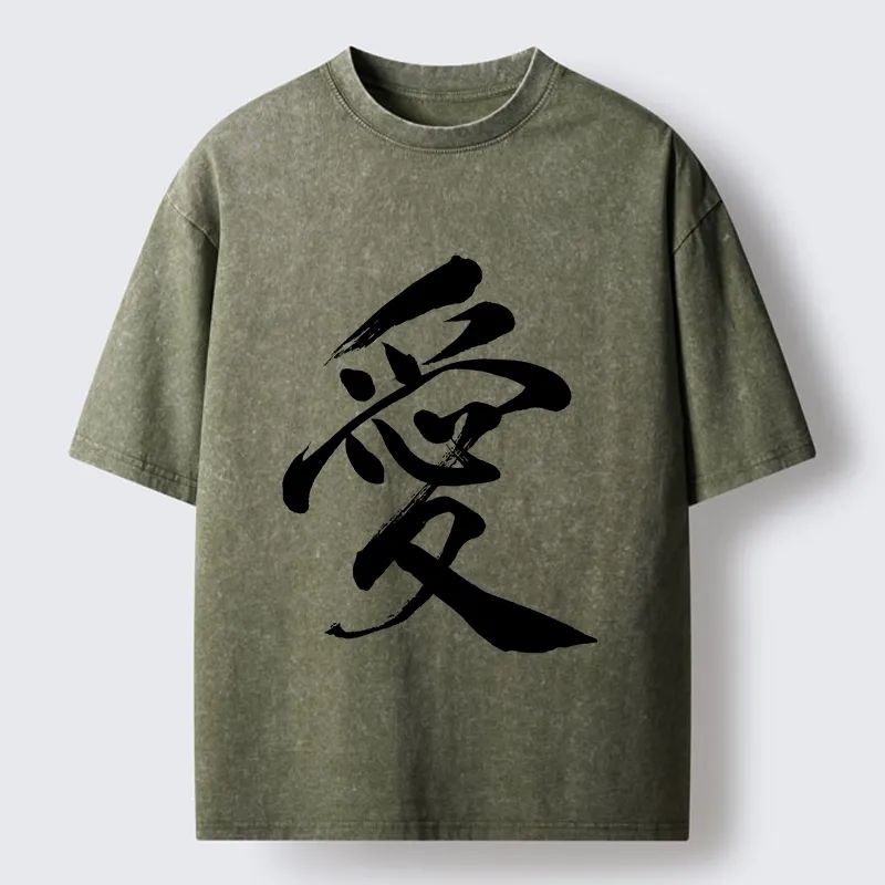 Tokyo-Tiger Japanese Kanji Love In Brush Strokes Washed T-Shirt