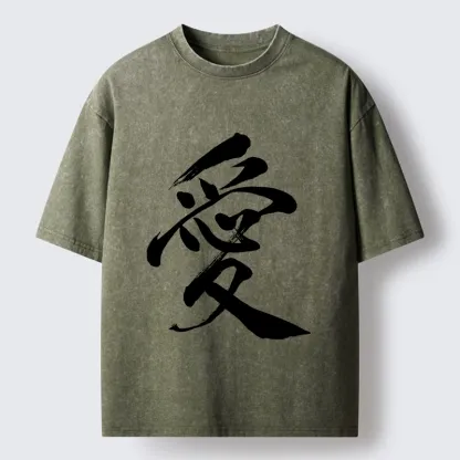 Tokyo-Tiger Japanese Kanji Love In Brush Strokes Washed T-Shirt