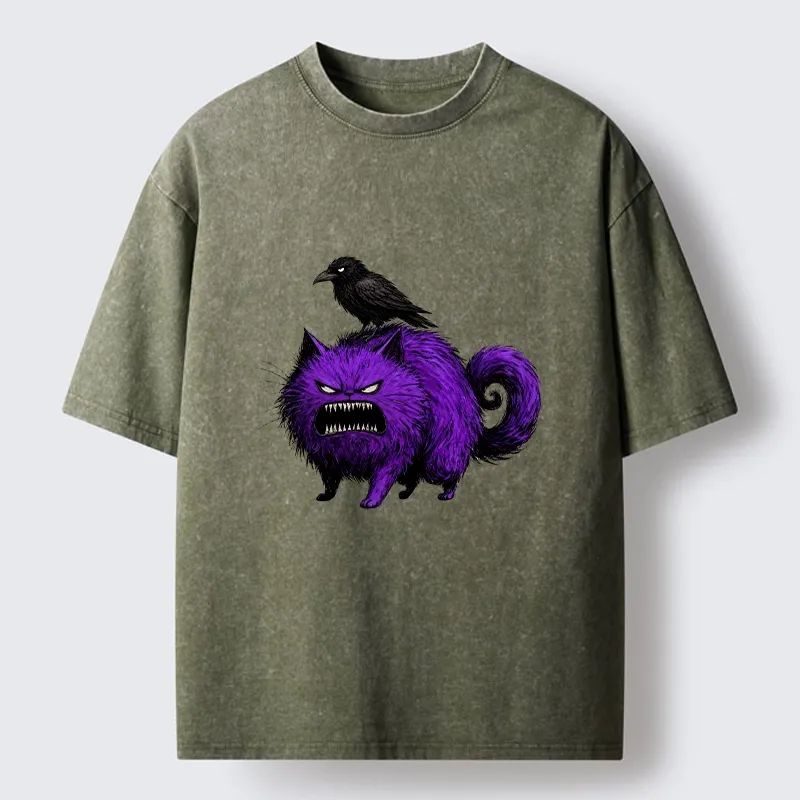 Tokyo-Tiger Spooky Purple Cat Ready To Attack Washed T-Shirt Sale