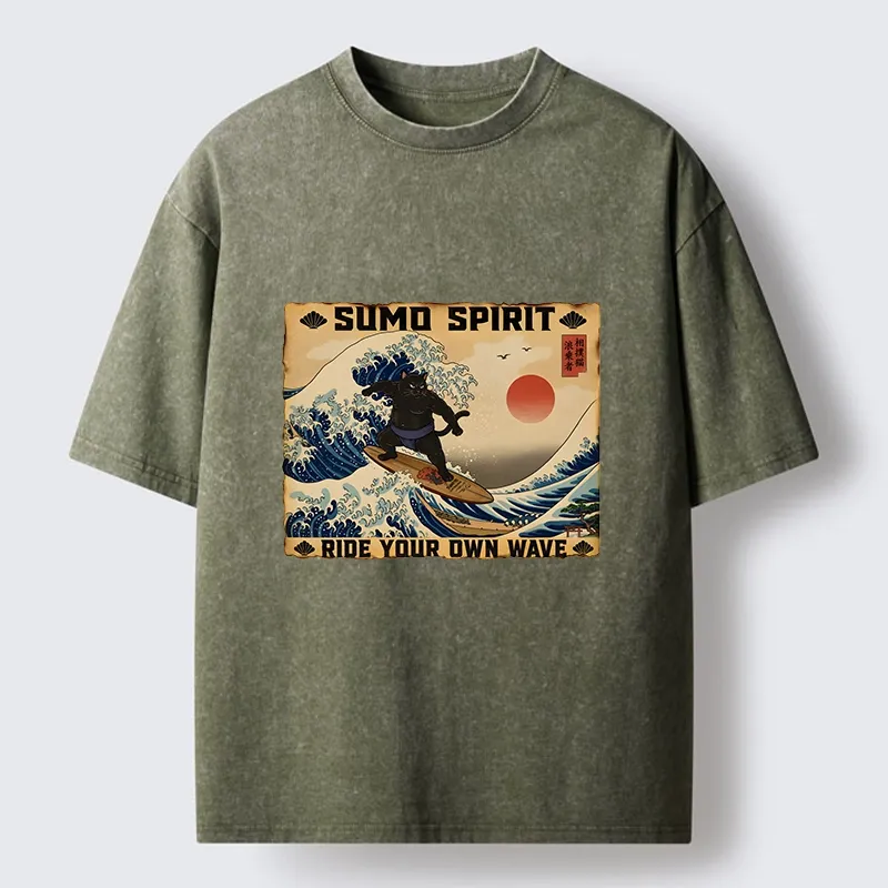 Tokyo-Tiger Sumo Cat Riding Its Own Wave Washed T-Shirt