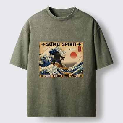 Tokyo-Tiger Sumo Cat Riding Its Own Wave Washed T-Shirt