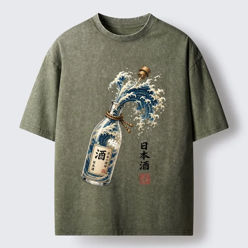 Tokyo-Tiger Ocean Wave Poured From A Sake Bottle Washed T-Shirt Sale