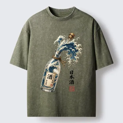 Tokyo-Tiger Ocean Wave Poured From A Sake Bottle Washed T-Shirt
