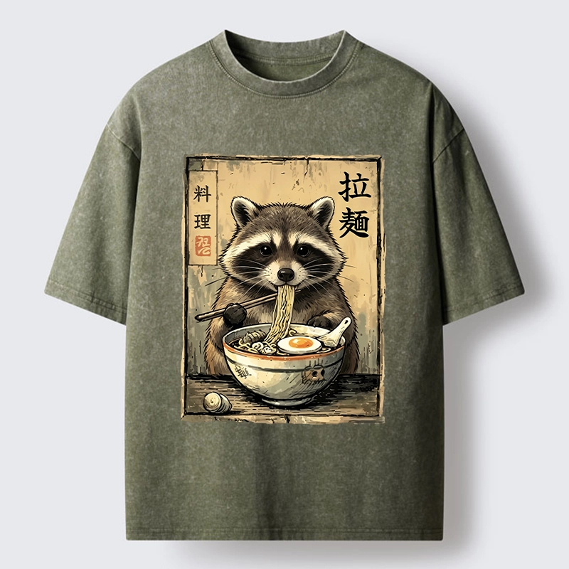 Tokyo-Tiger Raccoon Eating Ramen And Loving It Washed T-Shirt