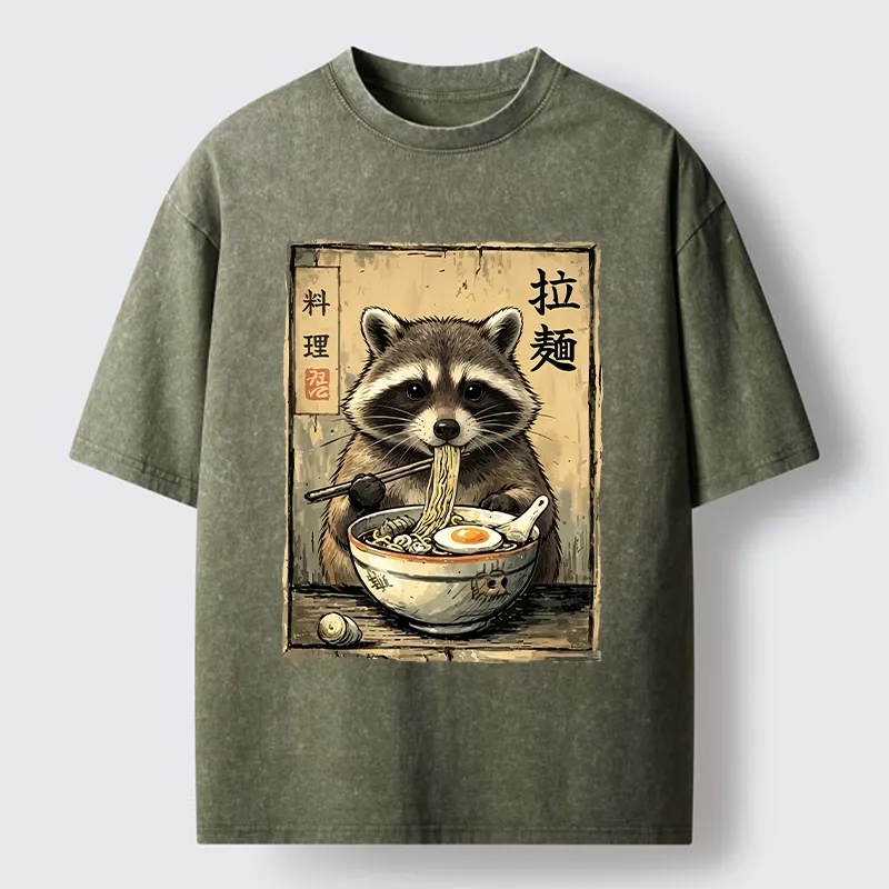 Tokyo-Tiger Raccoon Eating Ramen And Loving It Washed T-Shirt