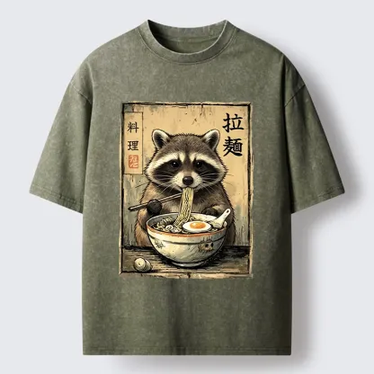 Tokyo-Tiger Raccoon Eating Ramen And Loving It Washed T-Shirt