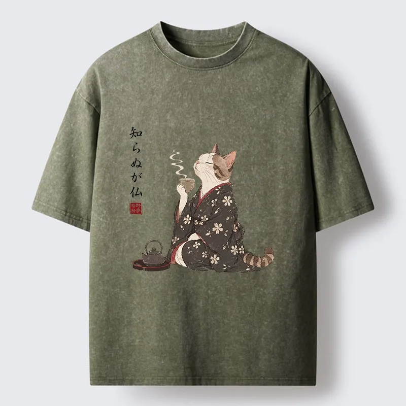 Tokyo-Tiger Zen Cat Drinking Tea In A Kimono Washed T-Shirt