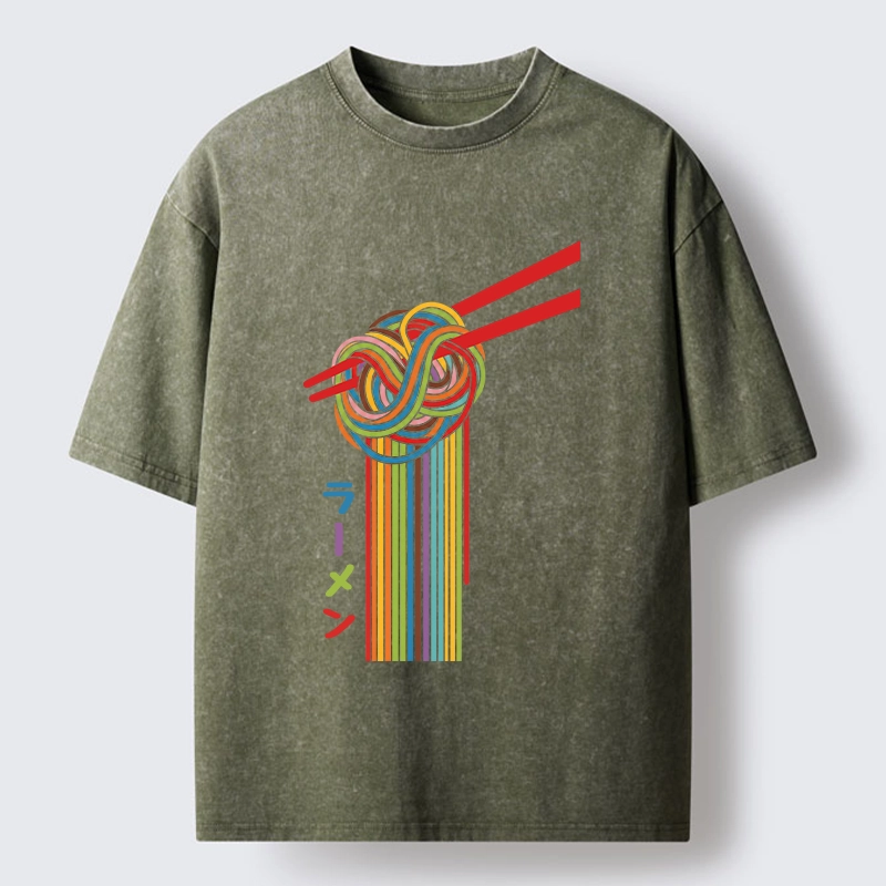 Tokyo-Tiger Colorful Noodles On Red Chopsticks Washed T-Shirt