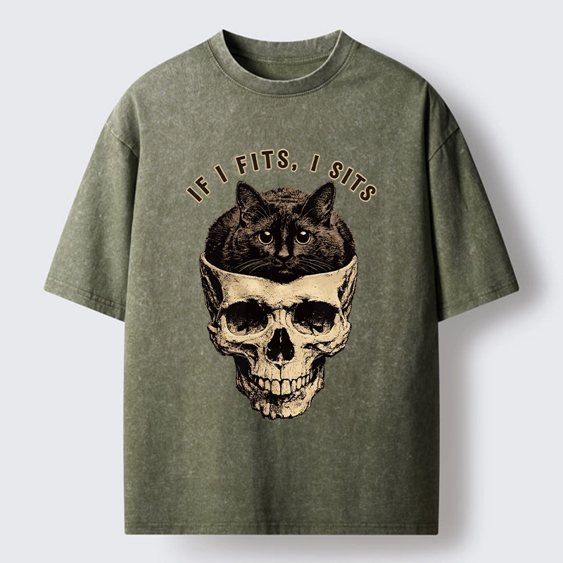 Tokyo-Tiger Cat In A Skull If It Fits I Sits Washed T-Shirt