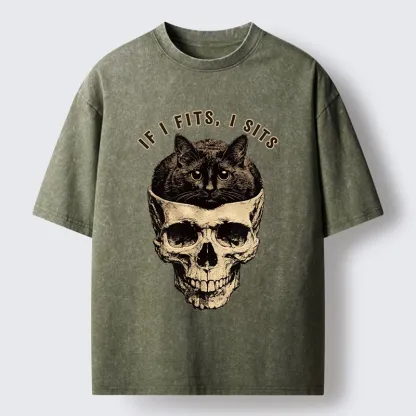 Tokyo-Tiger Cat In A Skull If It Fits I Sits Washed T-Shirt