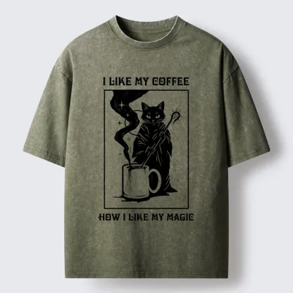 Tokyo-Tiger Wizard Cat Brewing Magic Coffee Washed T-Shirt